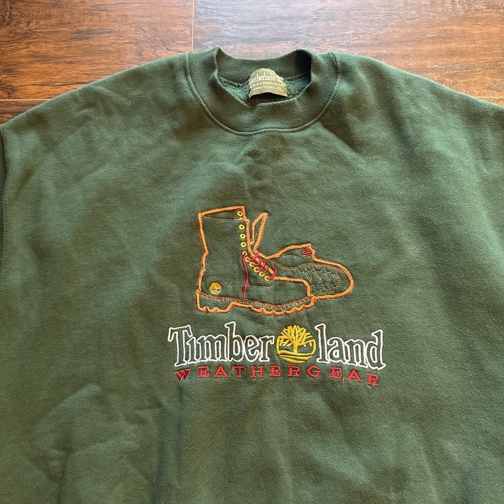 Vintage Timberland Weathergear Crewneck Sweatshirt Green Logo XL USA 90s Logo - Picture 5 of 6